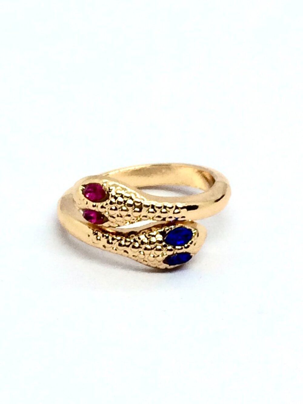 Snake Ring Gold Tone Double Head Rhinestone Eyes Retro Egyptian Revival 7.75